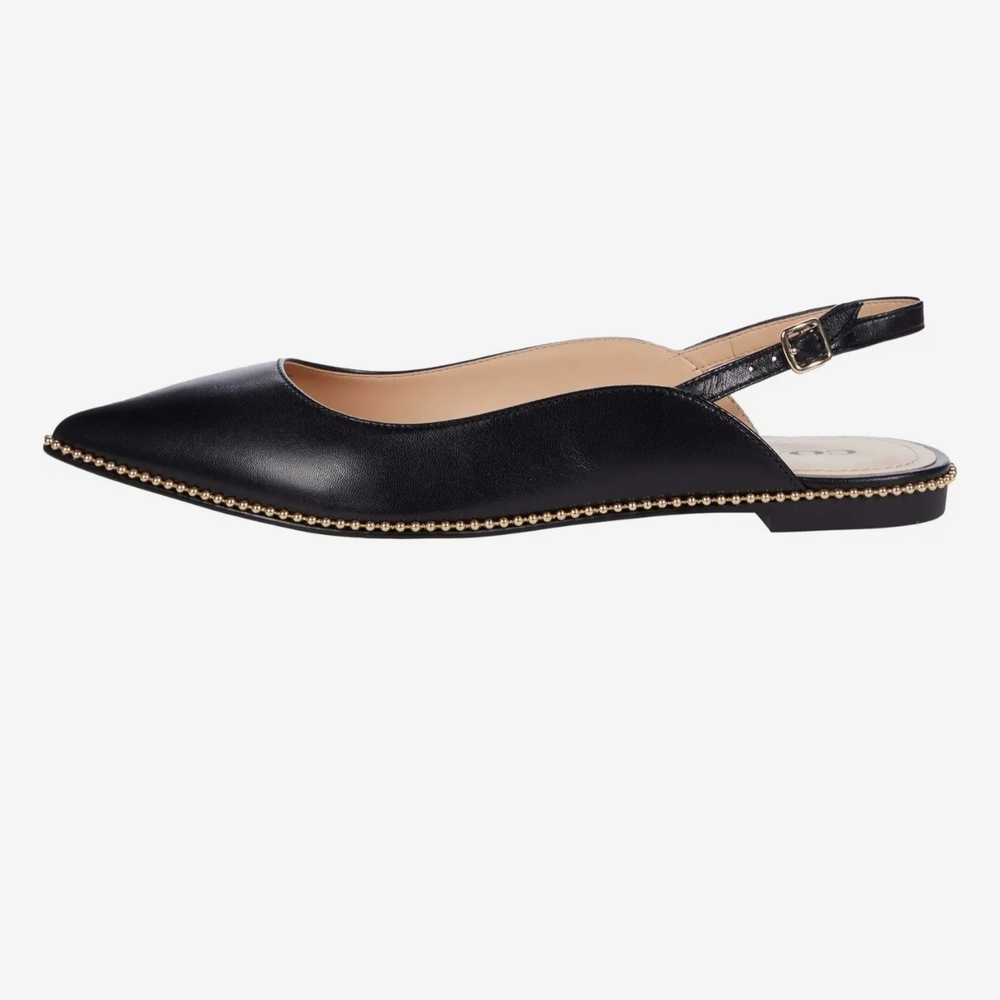Coach Black Leather Pointed Slingback Flats with Gold Bead Trim - Picture 4 of 7